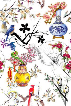 复古中国风梅花喜鹊陶瓷花印花华亿平台图片