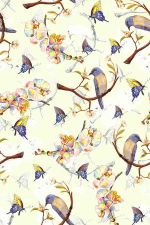 手绘 时尚 素雅 花鸟 蝴蝶 花卉印花华亿平台图片