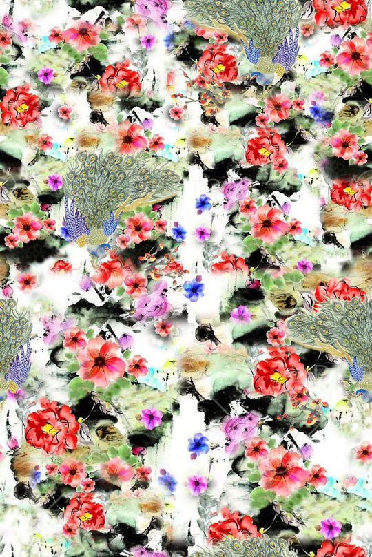 手绘大牌 中国风 水墨水彩梦幻花卉  孔雀开屏 服装印花华亿平台图片