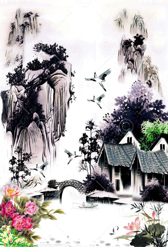 山水花鸟印花华亿平台图片