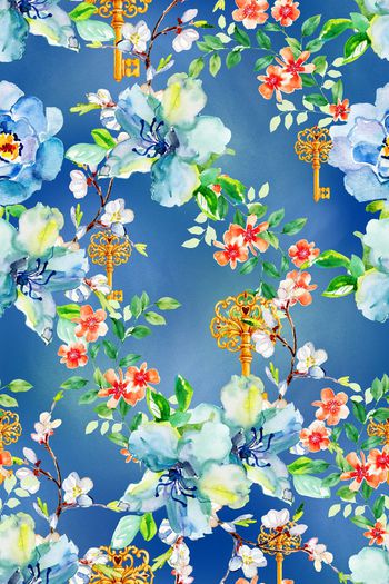 556845-中国风水彩晕染罂粟钥匙花卉组合