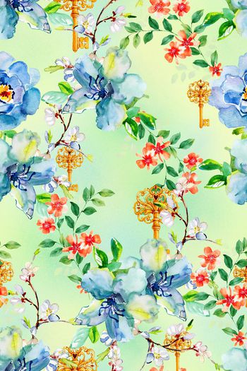 556846-中国风水彩晕染罂粟钥匙花卉组合