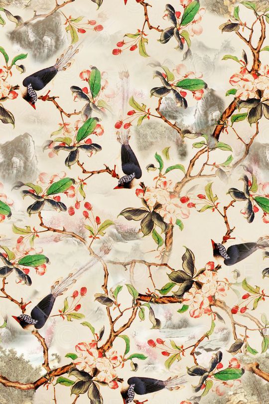 手绘 中国风 工笔 花 鸟印花华亿平台图片