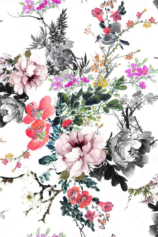 水墨花卉印花华亿平台图片