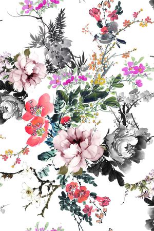 水墨花卉印花华亿平台图片