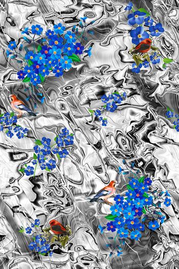 558051-意境复古游离的几何水波花鸟组合女装