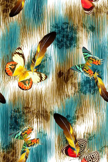 558224-抽象手绘笔刷纹理蝴蝶羽毛女装图案