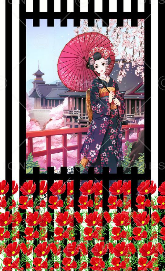 流行时尚 日系定位民族风情 仕女 伞 樱花 格桑花 阁楼 服装 窗帘 箱包 丝巾印花华亿平台图片