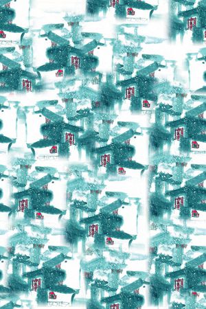 中国风 流行时尚 复古 手绘水墨 抽象 房屋  丝巾 服装 家纺印花华亿平台图片