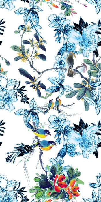 559514-中国民族风手绘花卉水墨花鸟旗袍印花