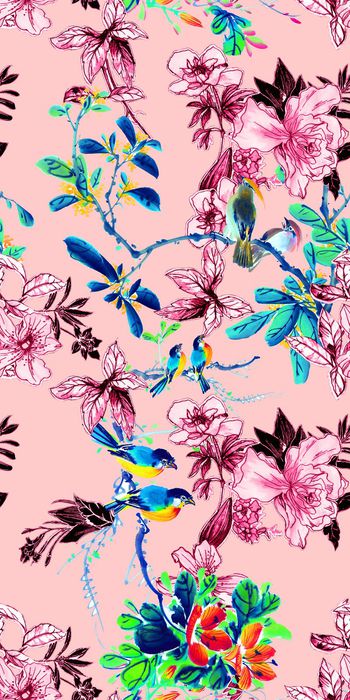 559516-中国民族风手绘花卉水墨花鸟旗袍印花