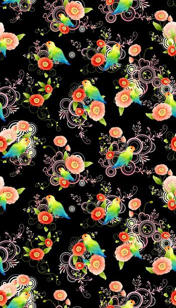 559813-手绘花朵藤蔓鹦鹉匹布