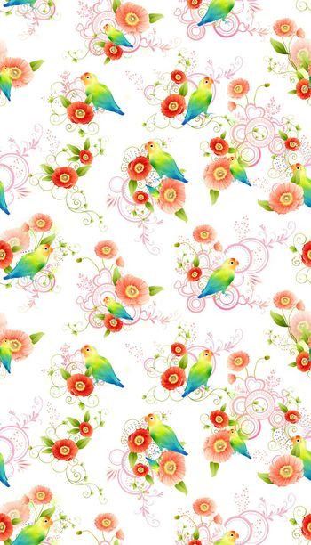 560435-手绘花朵藤蔓鹦鹉匹布