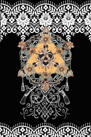 定位女装欧式花纹黑白底印花华亿平台图片