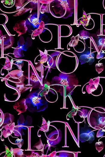 561580-英文字母文字花朵花卉水彩蝴蝶