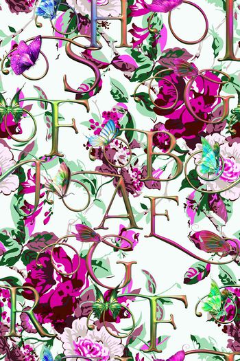 561584-英文字母文字花朵花卉水彩蝴蝶