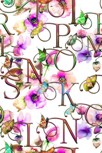 561595-英文字母文字花朵花卉水彩蝴蝶