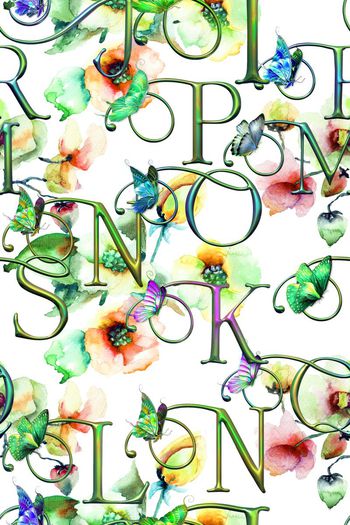 561596-英文字母文字花朵花卉水彩蝴蝶