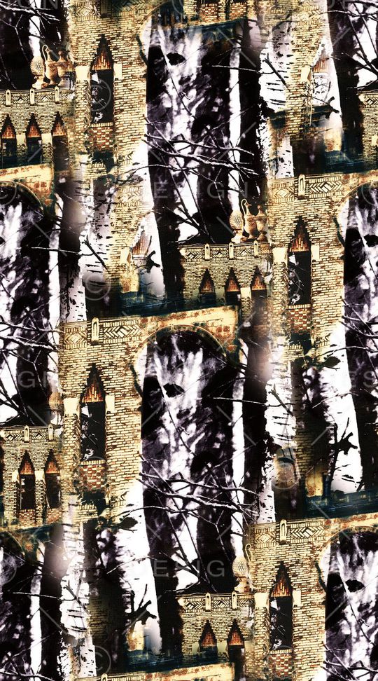 黑白 树木 欧式 建筑印花华亿平台图片