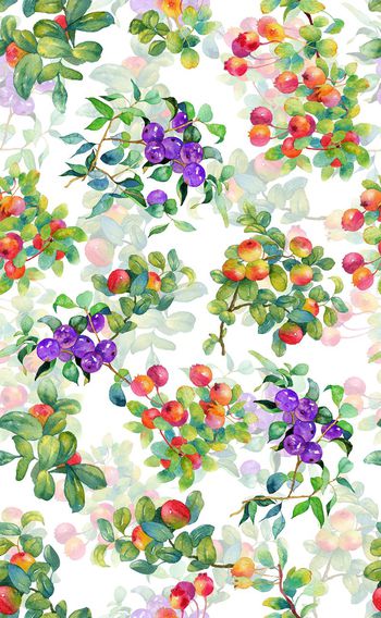 561846-原创手绘樱桃水彩花果桃枝女装匹布