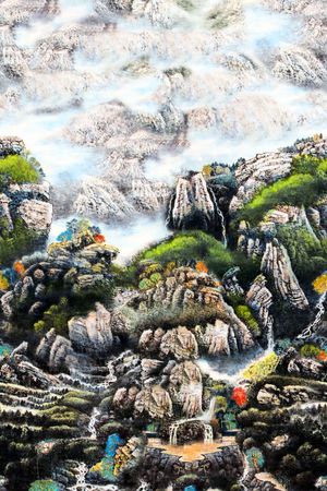 手绘 定位 中国风 山水 风景画 水彩 水墨印花华亿平台图片