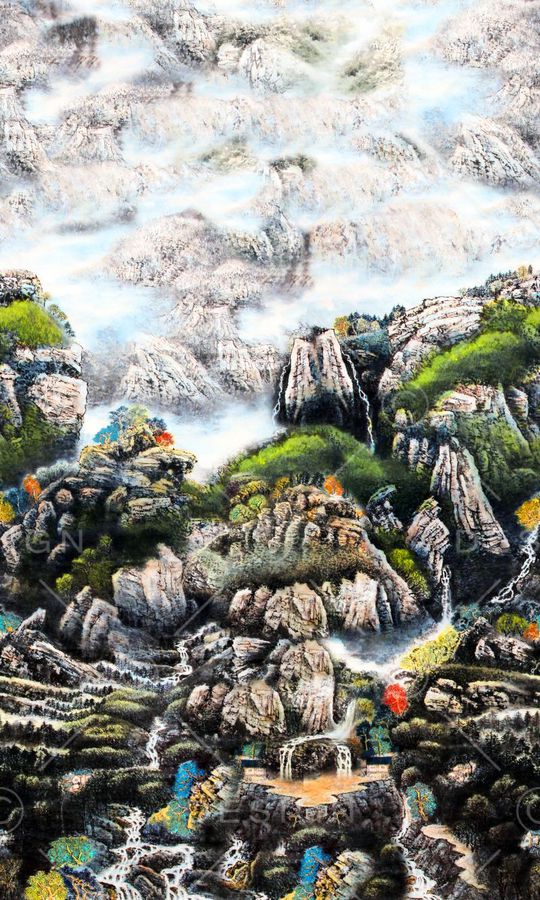 手绘 定位 中国风 山水 风景画 水彩 水墨印花华亿平台图片