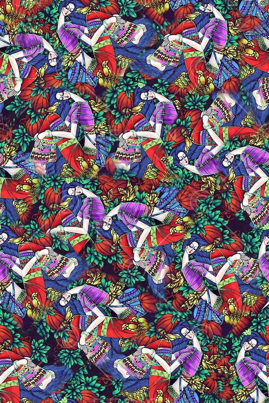 流行时尚 民族风  少数民族少女 鸟 花草 拼贴 拼接印花 服装  连衣裙 箱包 方巾印花华亿平台图片