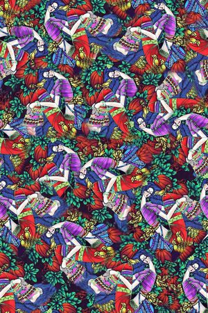 流行时尚 民族风  少数民族少女 鸟 花草 拼贴 拼接印花 服装  连衣裙 箱包 方巾印花华亿平台图片