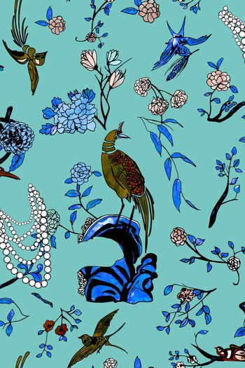 562720-复古 手绘 花鸟 解构组合 服装 