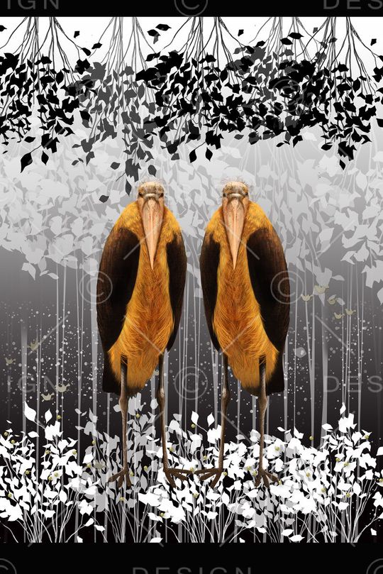 定位黑白树枝鸟印花华亿平台图片