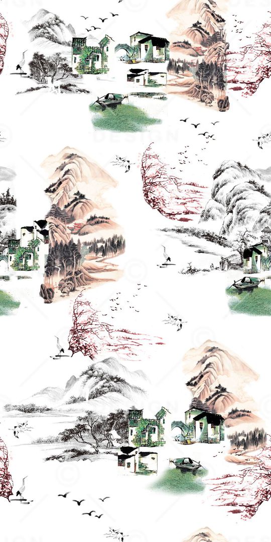 山水画印花华亿平台图片