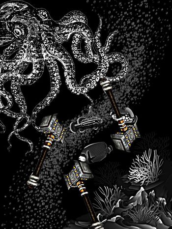 564464-章鱼怪和雷神之锤定位男装图案