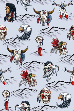 手绘 大牌 欧美 民族 部落 图案 印第安人 骷髅头 羽毛印花华亿平台图片