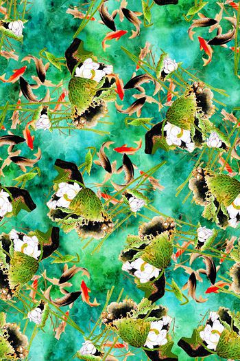 565814-时尚潮流水墨画 彩色画 荷花鲤鱼 