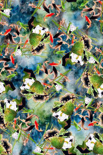 565819-时尚潮流水墨画 彩色画 荷花鲤鱼 