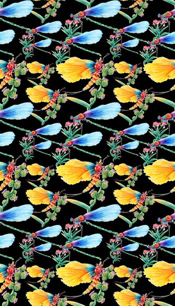 566164-手绘艺术花上蝴蝶多彩蜻蜓 男装女装