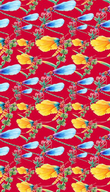 566167-手绘艺术花上蝴蝶多彩蜻蜓 男装女装