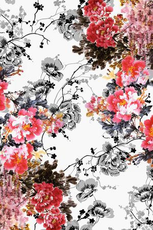 水墨花卉印花华亿平台图片