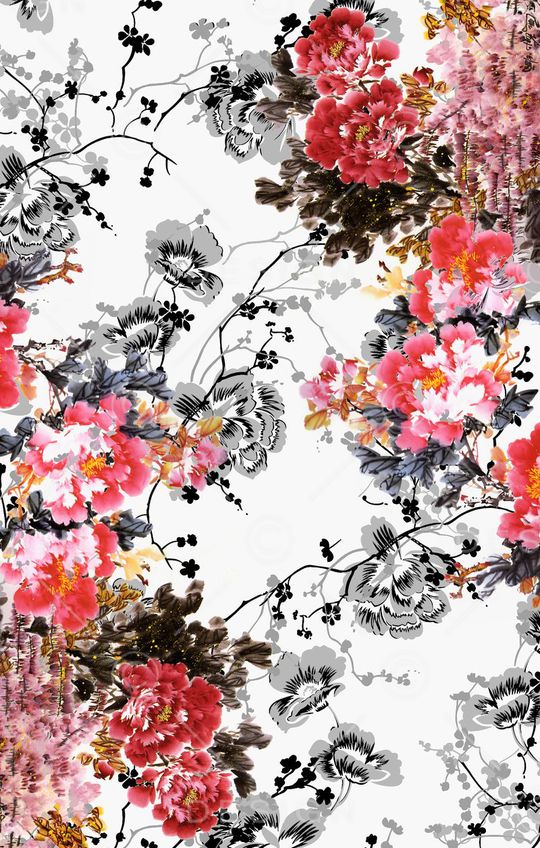 水墨花卉印花华亿平台图片