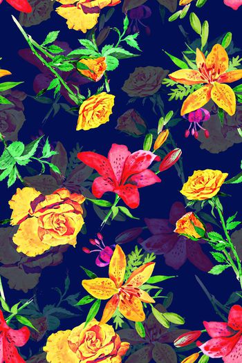 569032-原创手绘水彩花卉满版印花