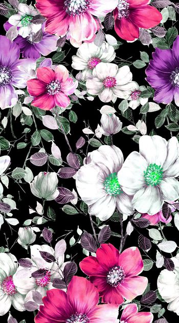 571014-时尚 潮流 花卉 枝叶 黑底 印花