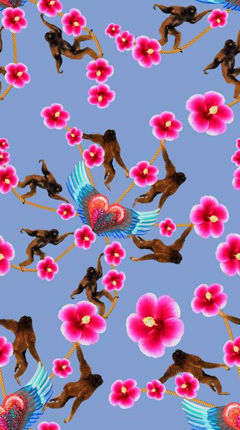 572341-手绘飞翔桃心木嬉戏猴走绳索花卉 男