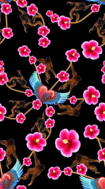 572342-手绘飞翔桃心木嬉戏猴走绳索花卉 男