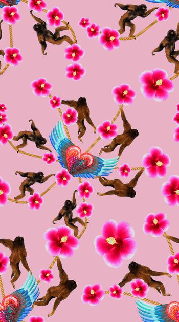 572343-手绘飞翔桃心木嬉戏猴走绳索花卉 男