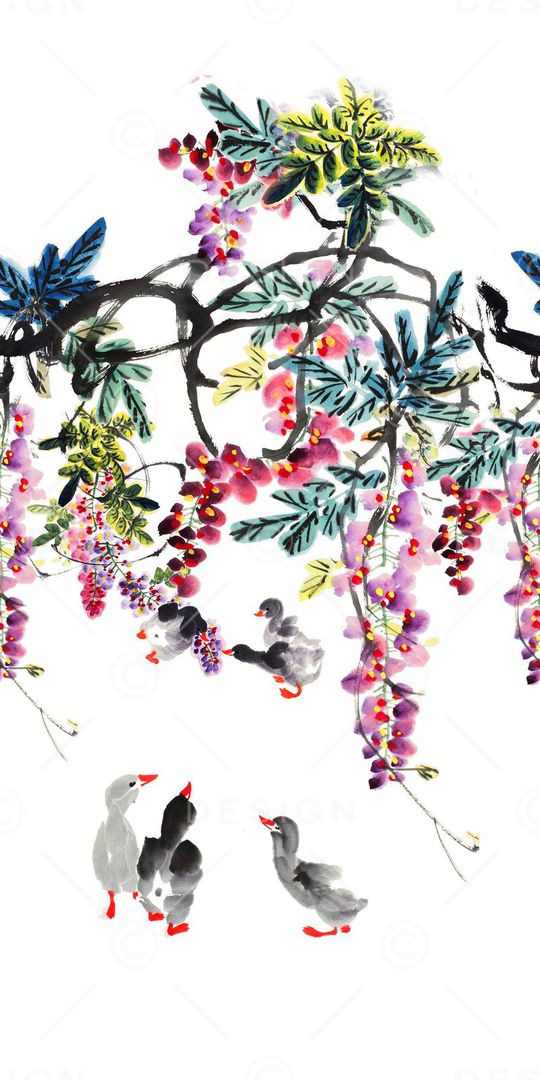 手绘 大牌 定位 水彩 水墨 中国风 花卉 鸭子 家禽 鸟印花华亿平台图片