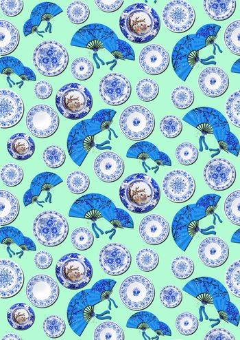 574648-中国风青花瓷瓷盘 折扇华亿平台图案