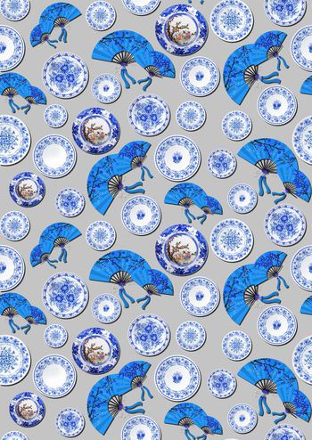 574649-中国风青花瓷瓷盘 折扇华亿平台图案