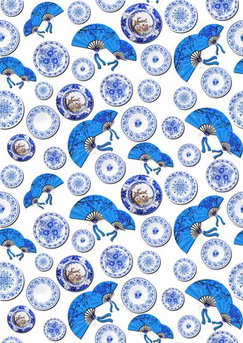 574650-中国风青花瓷瓷盘 折扇华亿平台图案