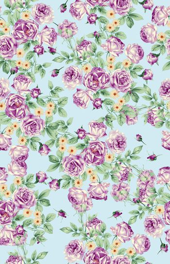 575689-手绘玫瑰花朵女装匹布粉晶底静谧蓝底