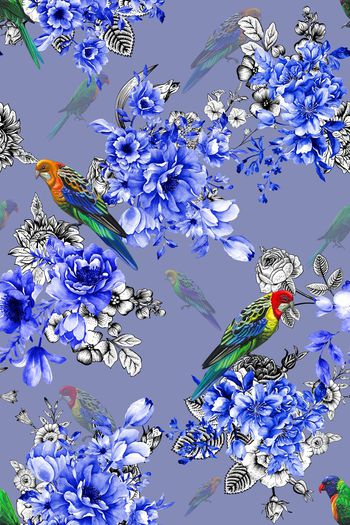 577614-中国风刺绣纹理青花瓷花卉鸟类组合